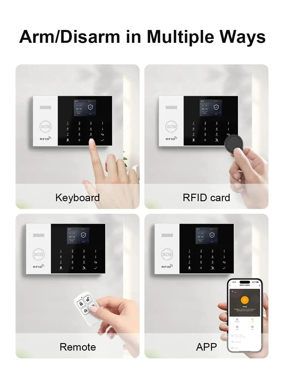 PGST 4-piece WiFi 2G GSM home alarm system kit; white touchscreen keypad with RFID card, remote and app control