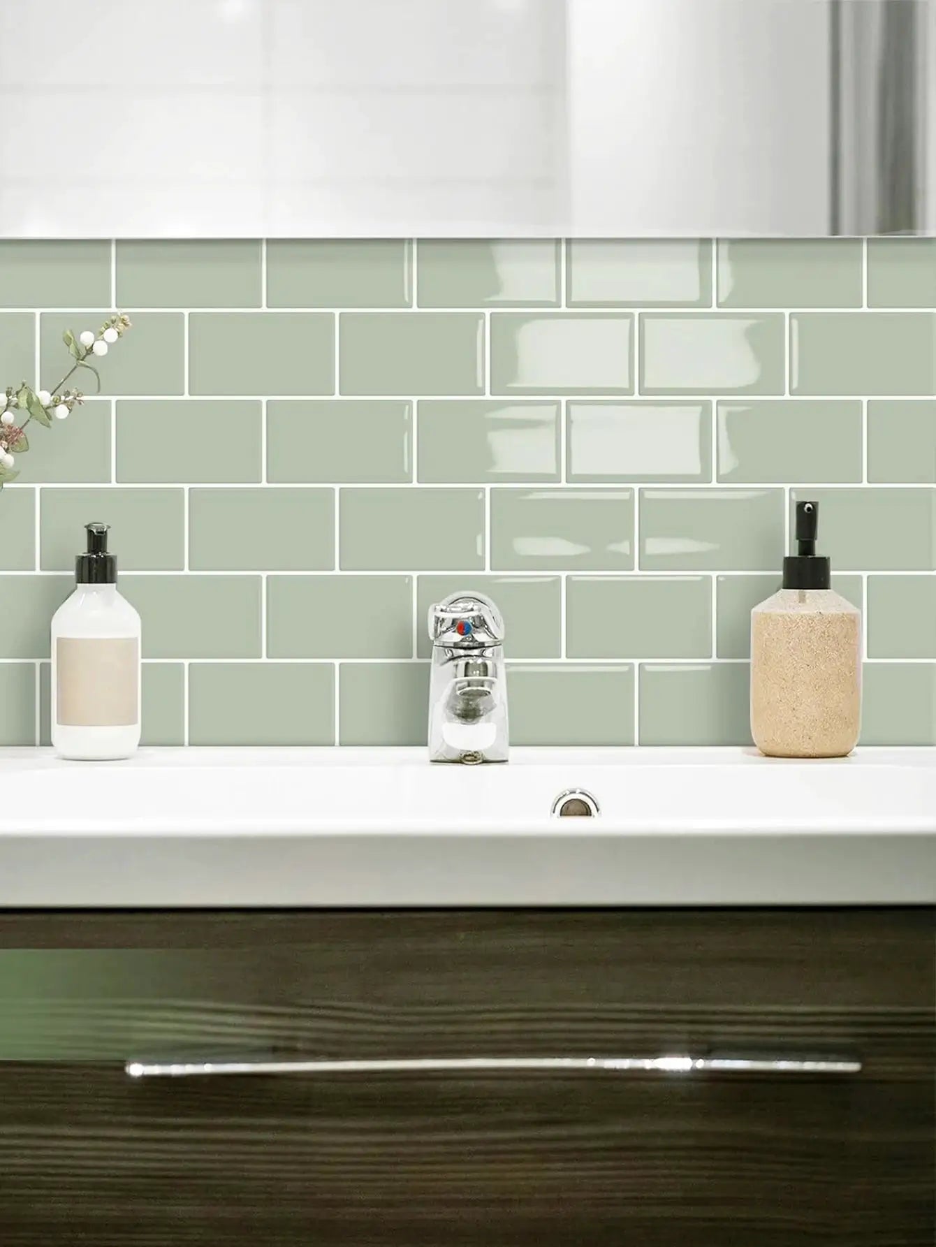 Backsplash tiles by Simples Market, 5/10 sheets waterproof peel-and-stick in sage green glossy subway brick pattern