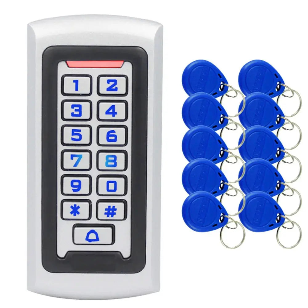 LED backlit metal keypad with Wiegand RFID card reader; blue RFID key fobs (multiple), Simples Market.