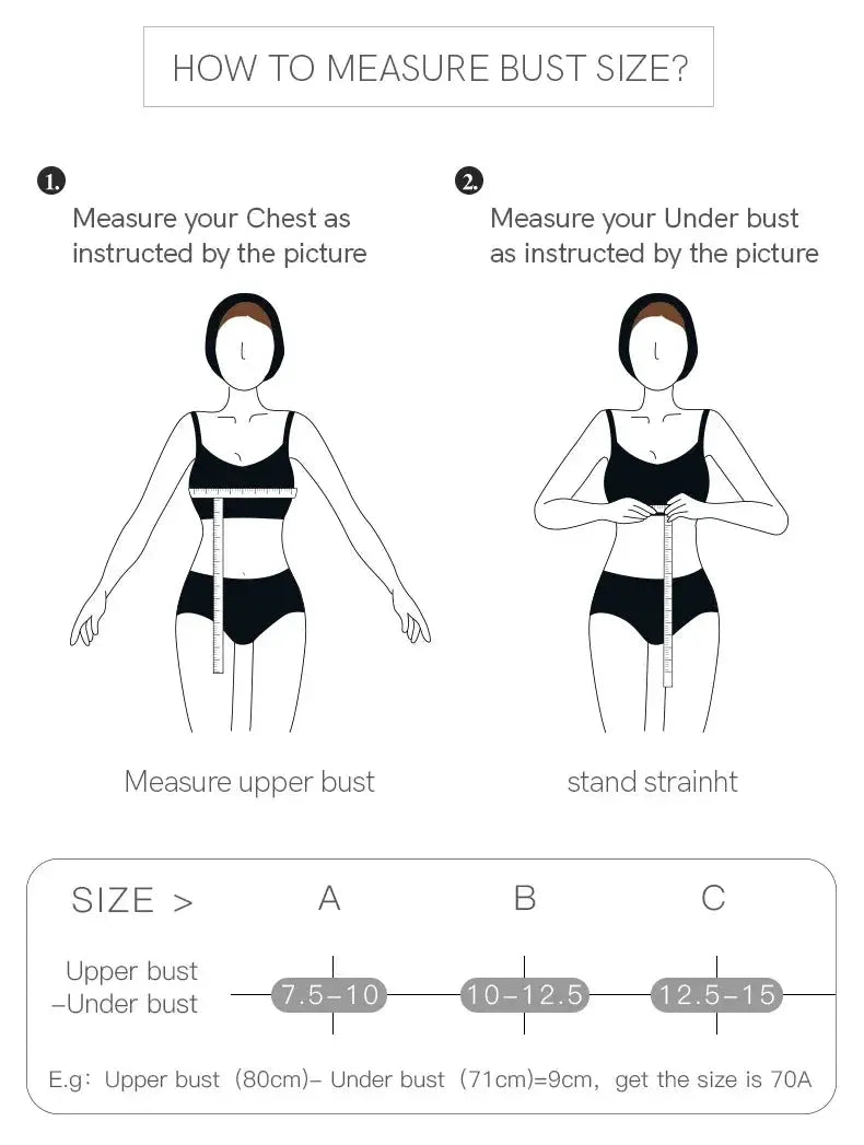 SUJIIN women's seamless push up bra by Simples Market—measurement guide with tape measure and A/B/C size chart.