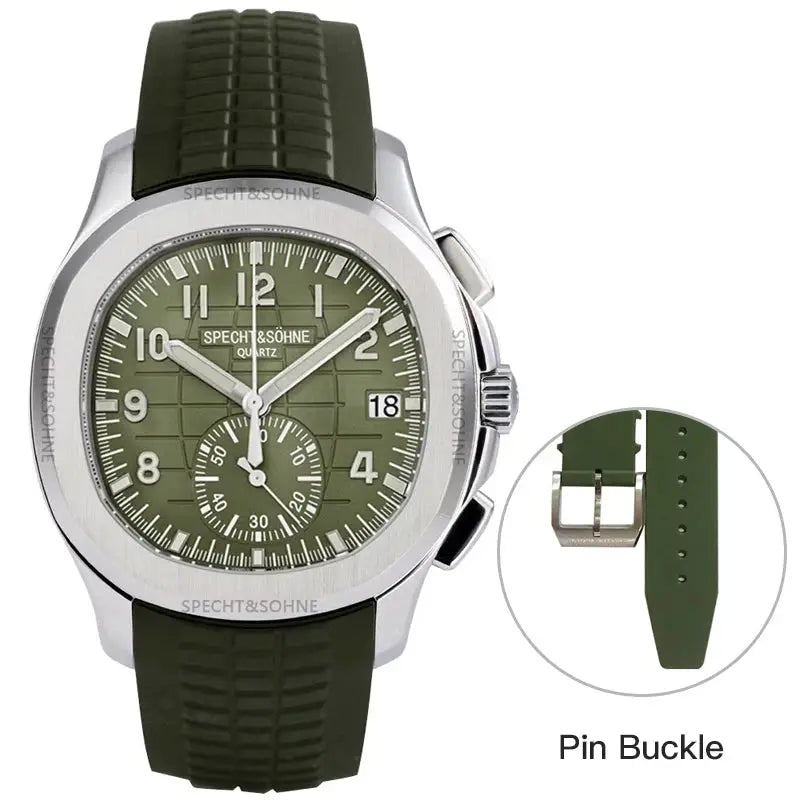 Specht & Söhne olive-green dial men's quartz watch with stainless steel case, green rubber strap and pin buckle
