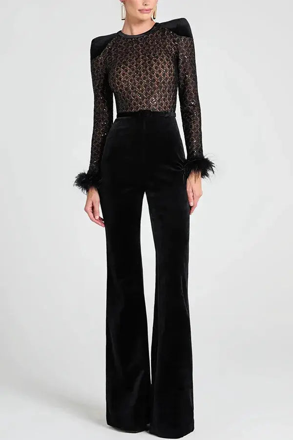 Women's black velvet patchwork jumpsuit with sheer lace top and feather-trimmed cuffs