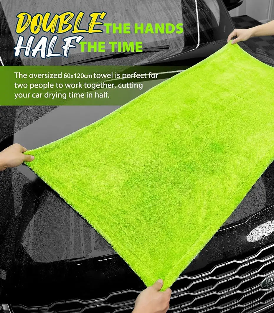 Car drying towel, oversized lime green 60x120 cm, 1400GSM double-sided scratch-free cloth.