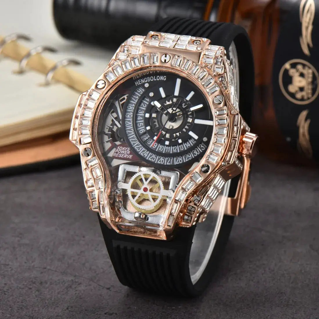 Men's diamond-studded luxury watch with rose-gold case and black rubber strap