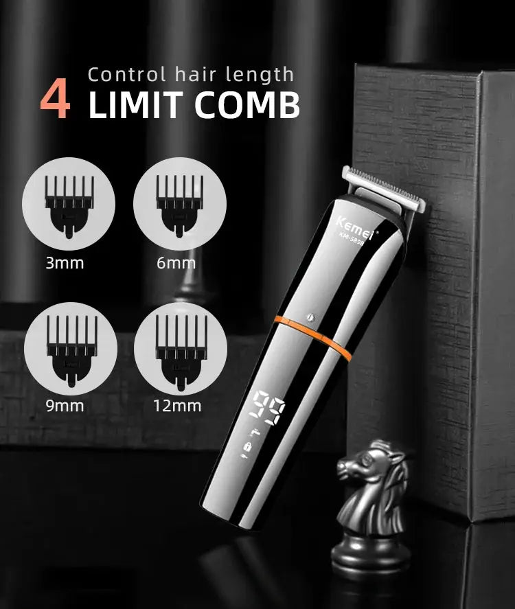 Kemei KM-5898 waterproof 11-in-1 grooming trimmer and clipper, chrome finish, digital display, Simples Market.