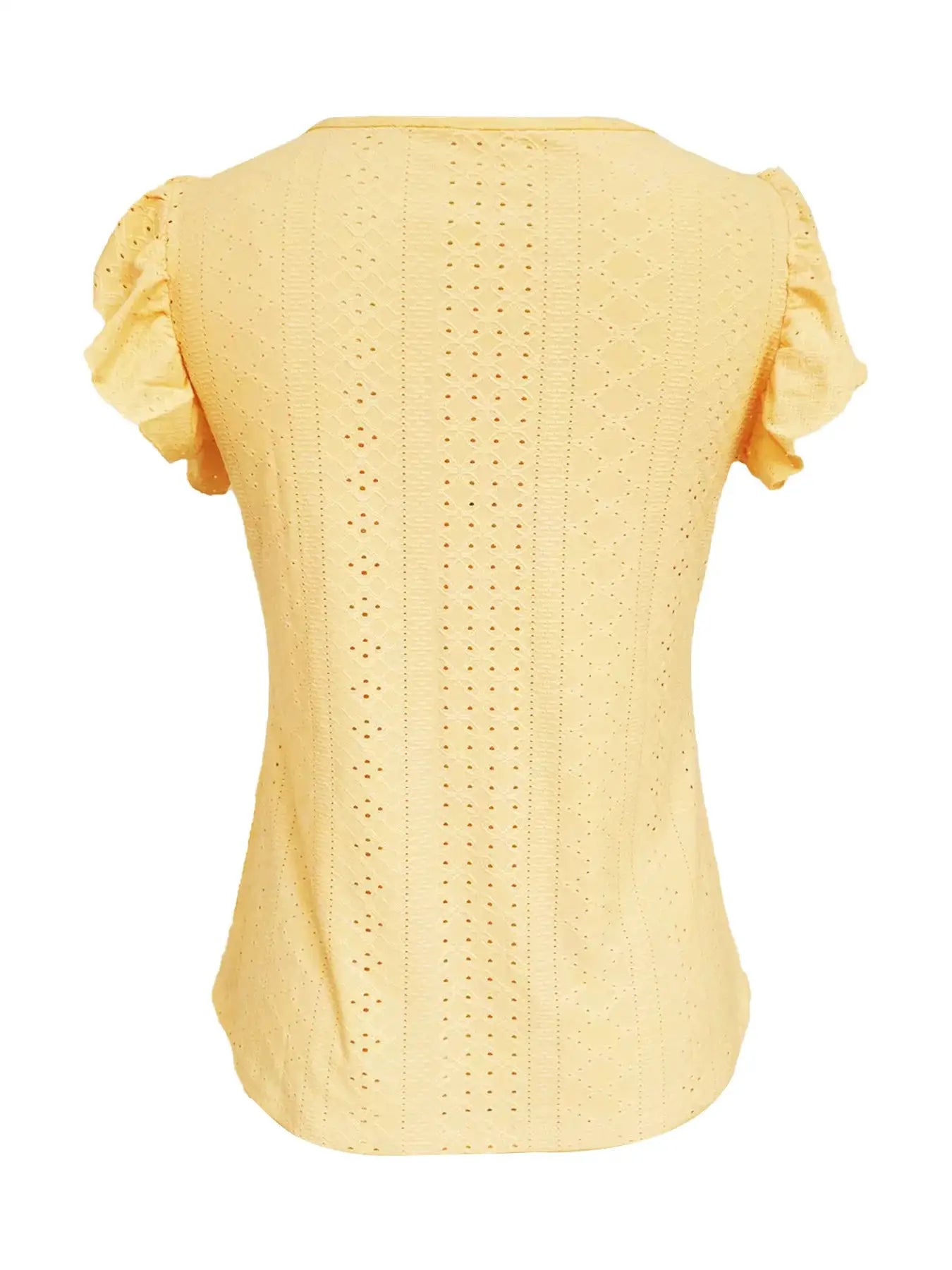 Women's yellow eyelet lace top with short puff sleeves, casual blouse