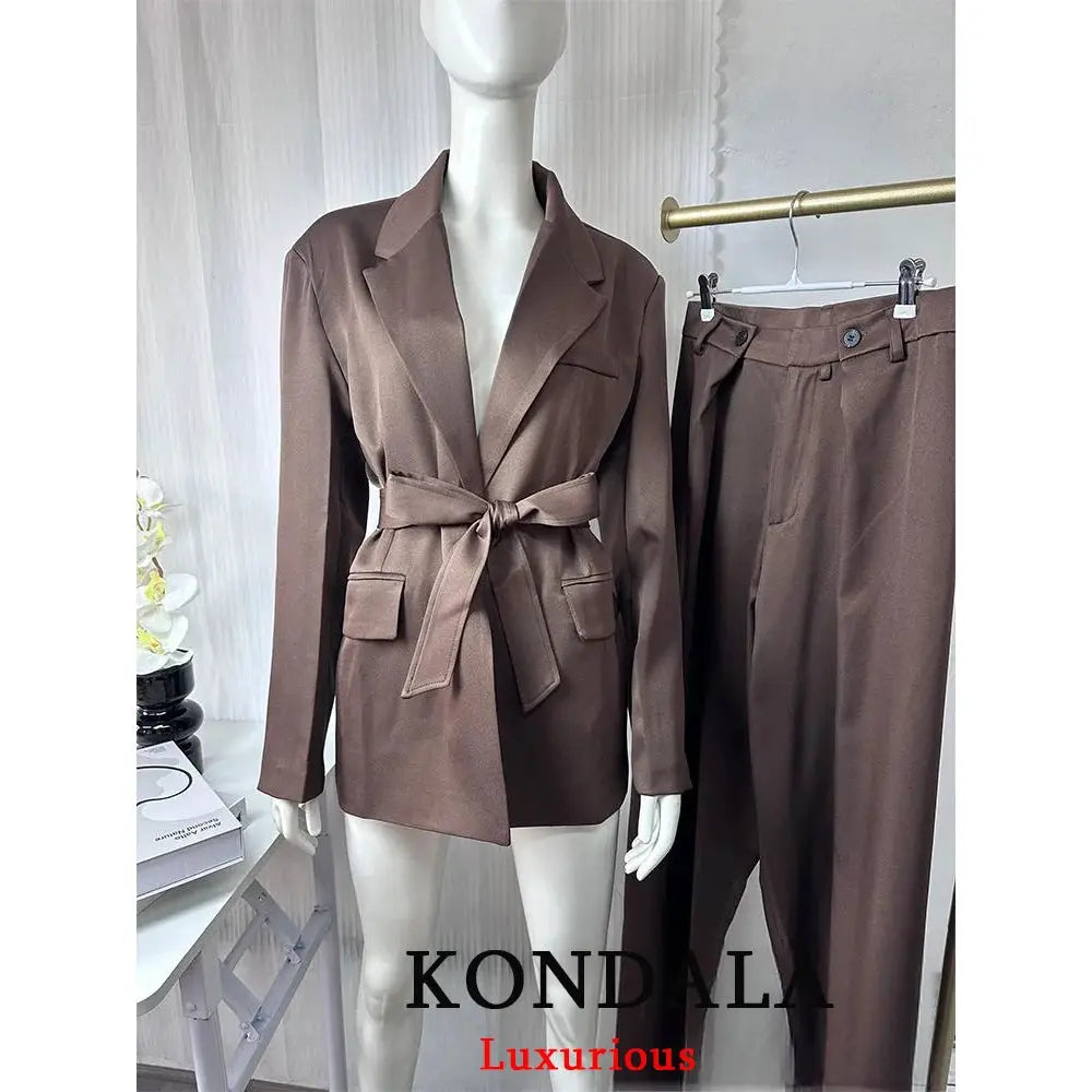 KONDALA women's belted blazer and pants suit set in brown