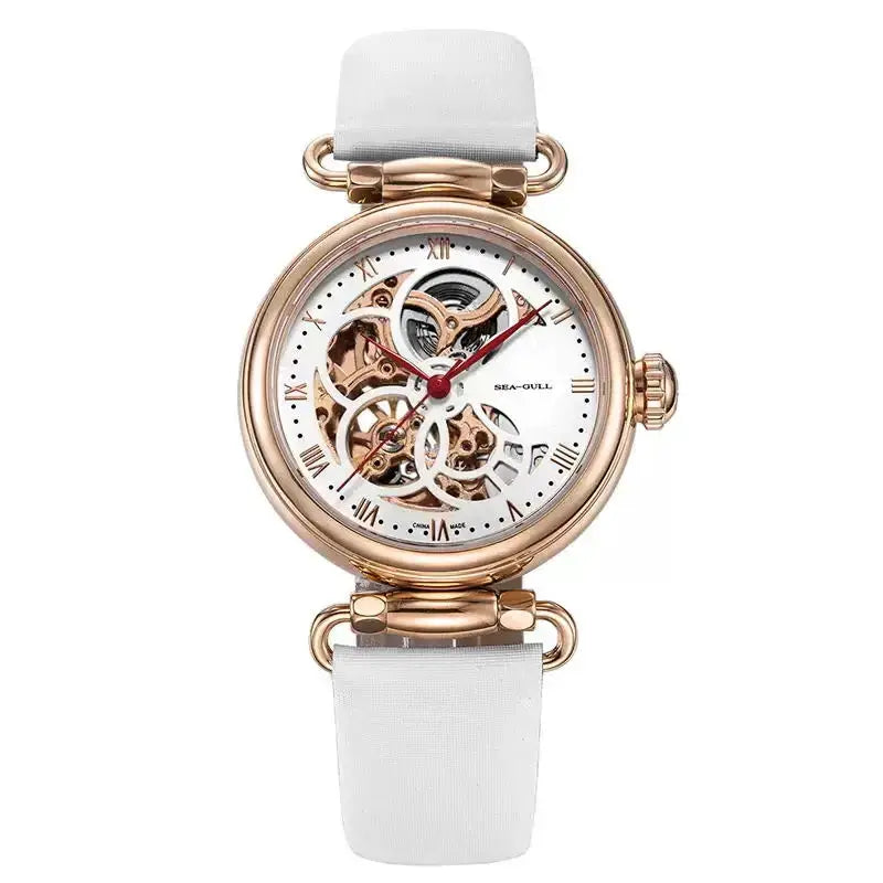 Sea-Gull skeleton women's watch with rose-gold case and white leather strap
