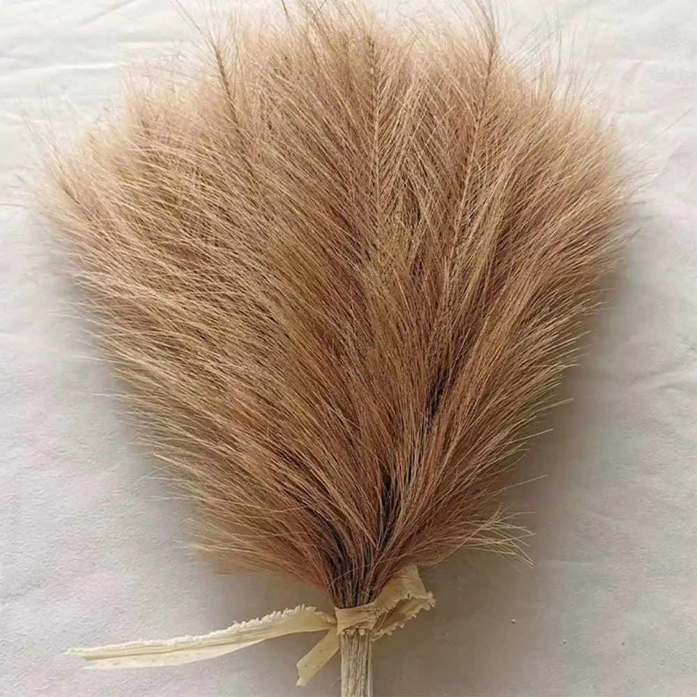 Fluffy pampas grass bouquet, beige artificial, 42cm, tied with ribbon.