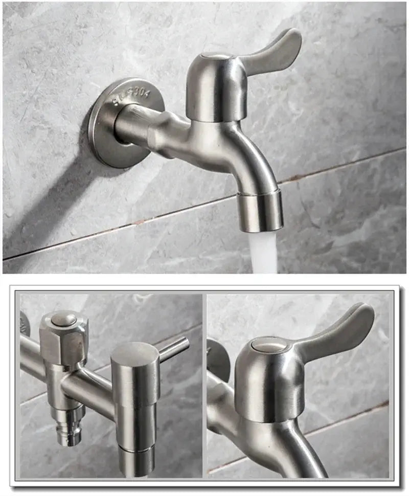Simples Market brushed 304 stainless steel wall-mounted garden faucet with lever handle.