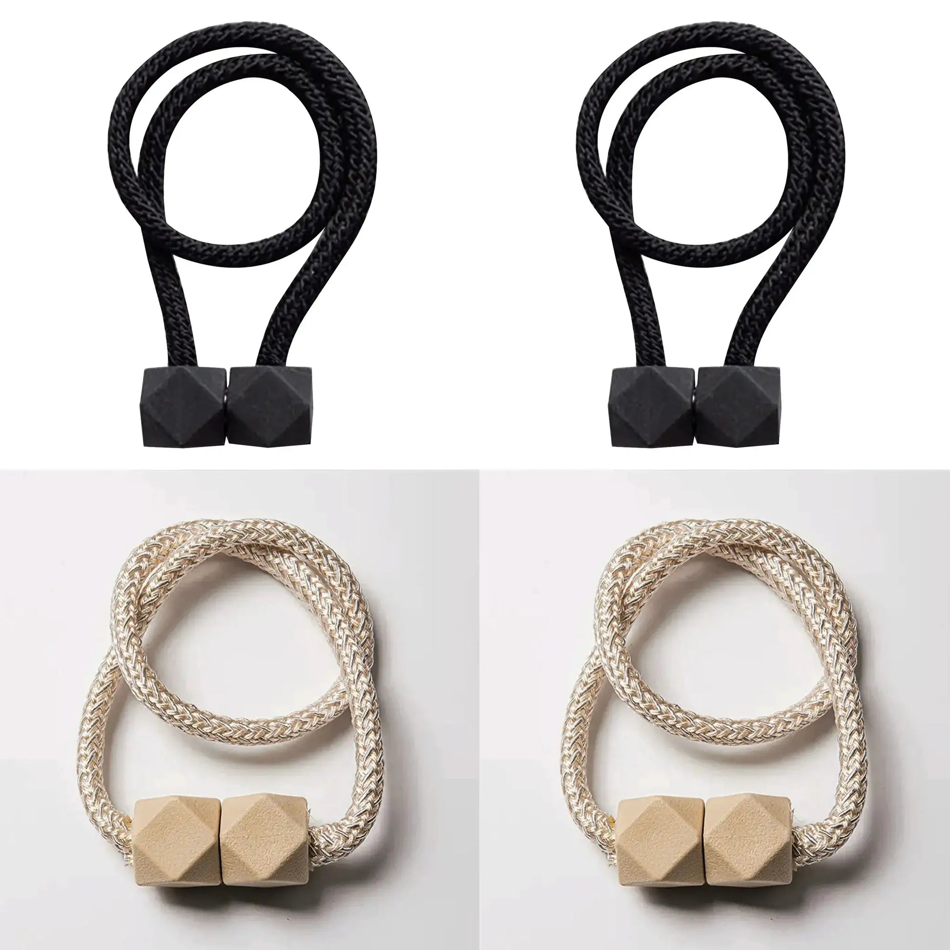 4-piece curtain tieback set with thick ropes and square ends; two black and two natural beige.