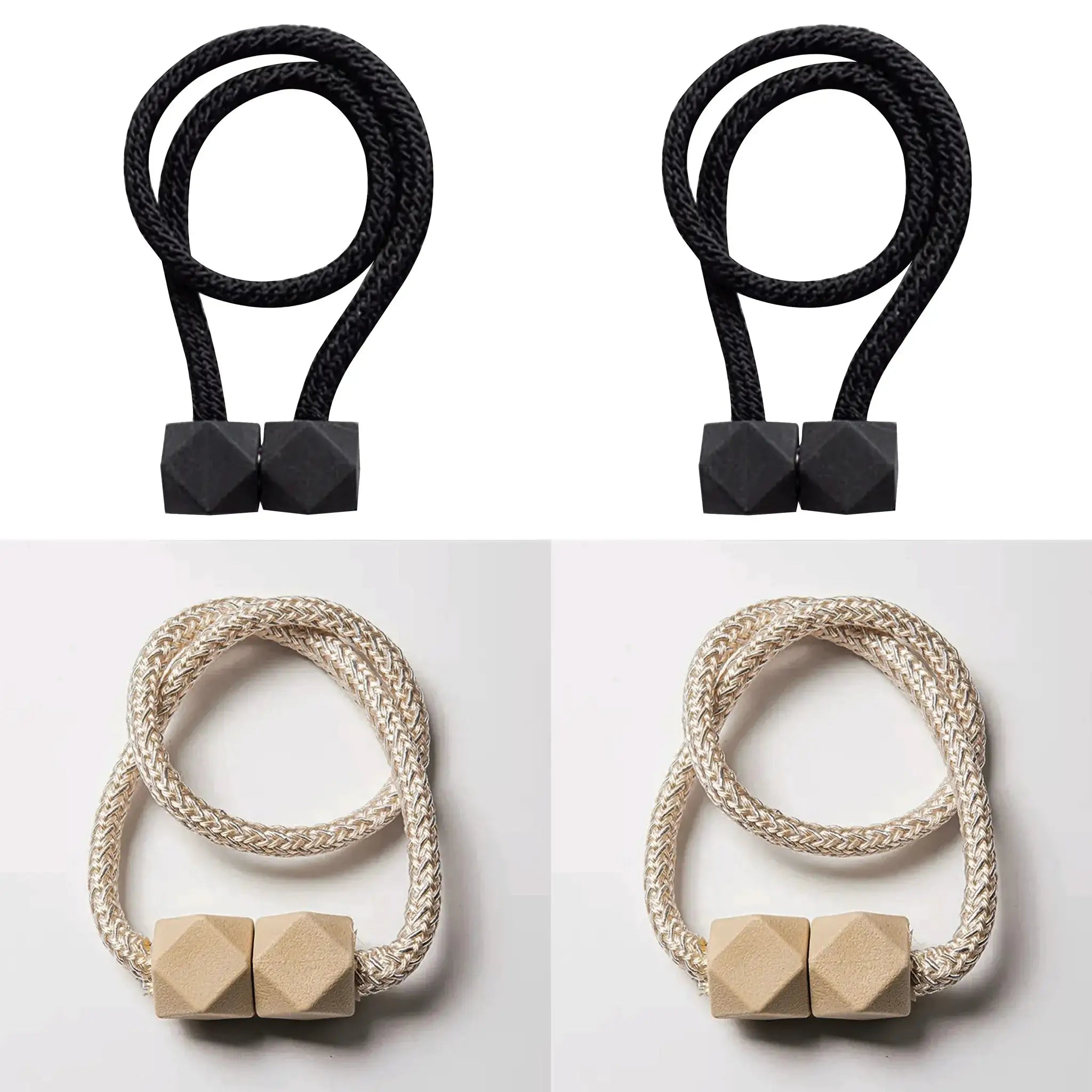 4-piece curtain tieback set with thick ropes and square ends; two black and two natural beige.