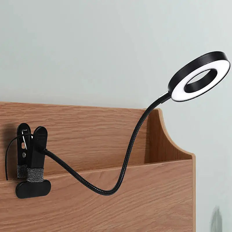 LED Ring Clamp Lamp with flexible gooseneck, USB-powered black desk clip light