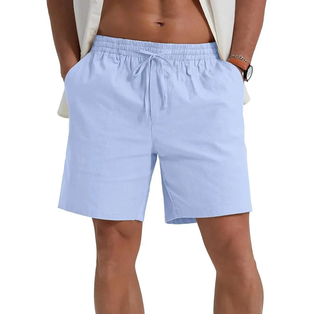 Men's light blue cotton-linen shorts with drawstring waist, breathable casual wear