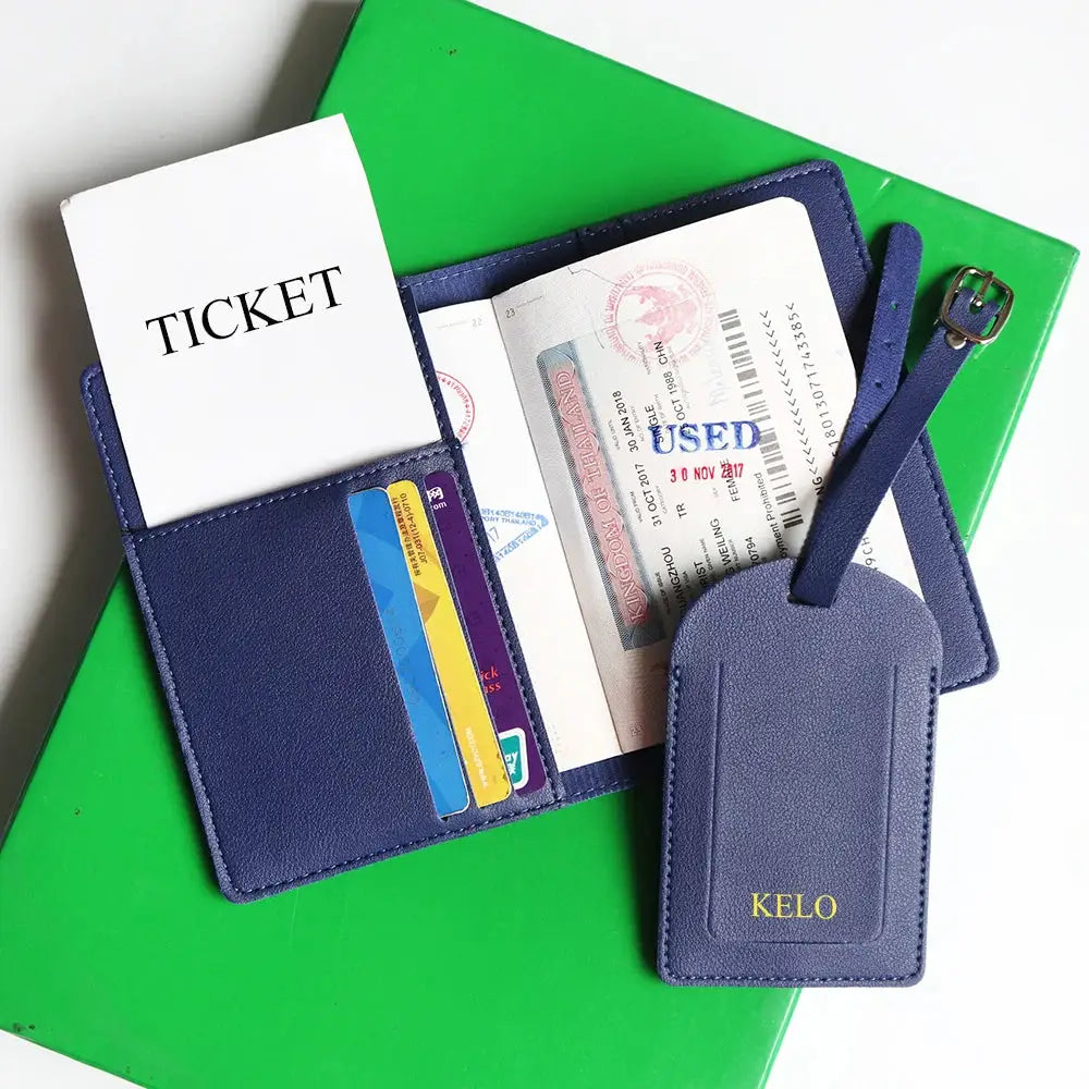Passport cover set in blue leather with card slots and KELO luggage tag