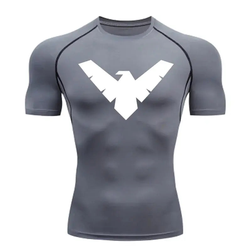 Simples Market men's gray quick-dry short-sleeve compression sports shirt with white logo
