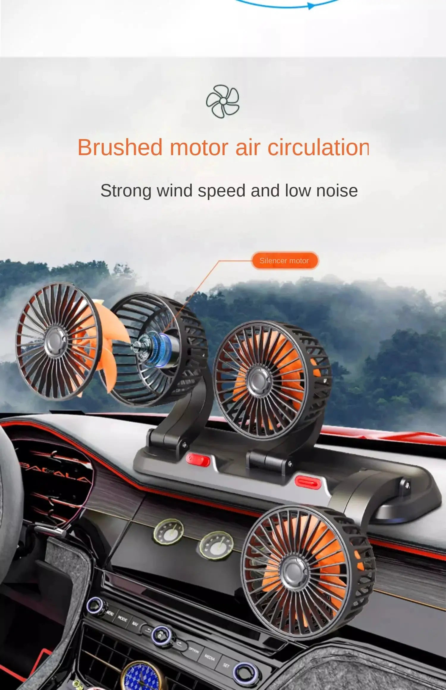 Car fan 3-head with orange blades, 360° adjustable, USB/12V powered, dashboard mount