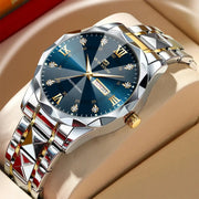 LuxeTime Mens Watch Diamond Luxury Double Calendar Quartz Movement 41mm Blue Gold Stainless Steel Night Glow