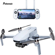 Potensic Atom SE drone with white body and controller, smartphone mounted for live view