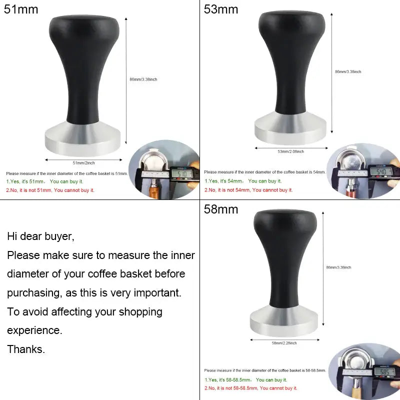 Espresso Tamper With Black Wood Handle Aluminum Base 51mm, 53mm, 58mm For Portafilters