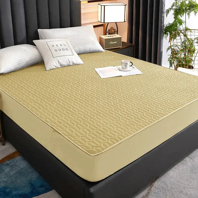 Waterproof thick quilted latex mattress cover Simples Market beige on bed with fitted sheet protector 150/160/180x200