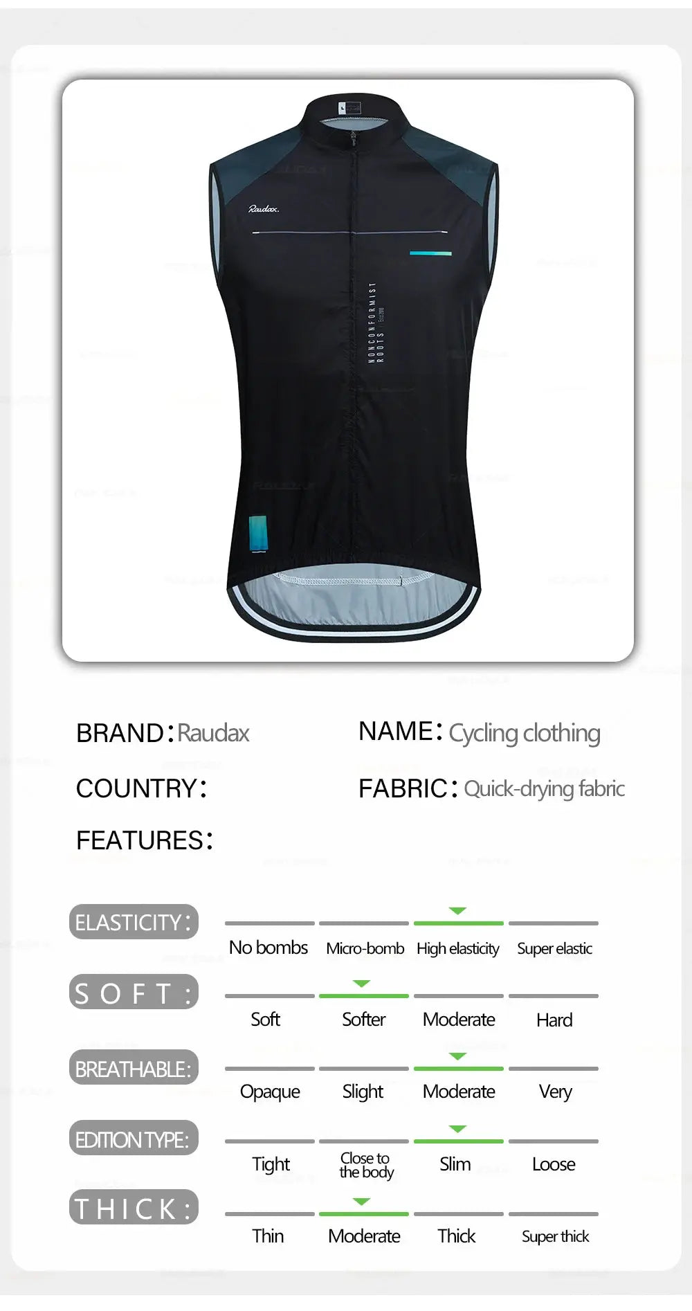 Raudax men’s sleeveless cycling vest, black with teal panels, quick-drying windproof gilet.