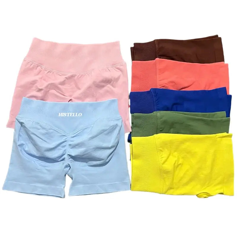 HISTELLO women's sports shorts set in assorted colors; low-rise seamless scrunch, breathable fabric (8-pack)
