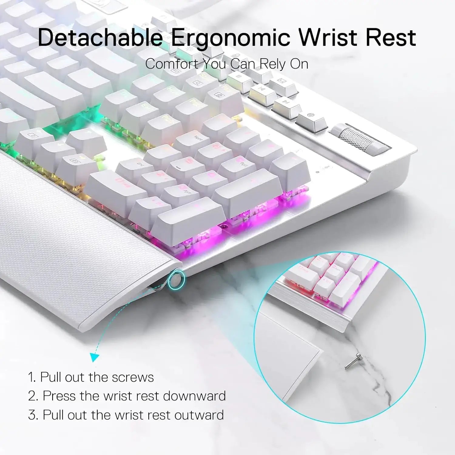 White RGB gaming keyboard with detachable ergonomic wrist rest and rainbow backlighting