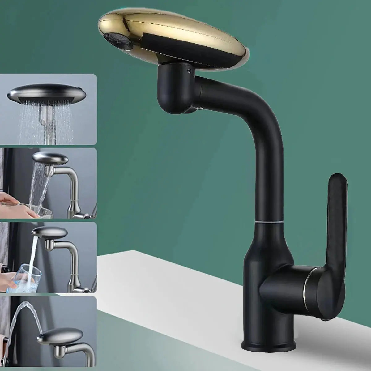 Simples Market black waterfall basin faucet with gold top, 360° rotation and 4 spray modes (hot/cold).