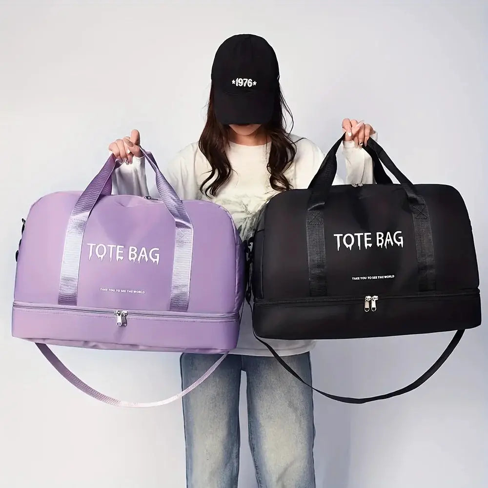 Two large-capacity tote duffle bags by Simples Market in lavender and black nylon with adjustable straps