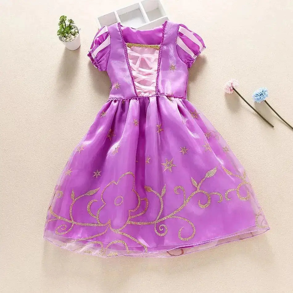Kids Princess Costume Party Dress With Floral Pattern And Appliques Inspired By Rapunzel And Belle