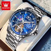 OLEVS flywheel skeleton automatic men's watch with luminous blue starry sky dial and stainless steel bracelet.