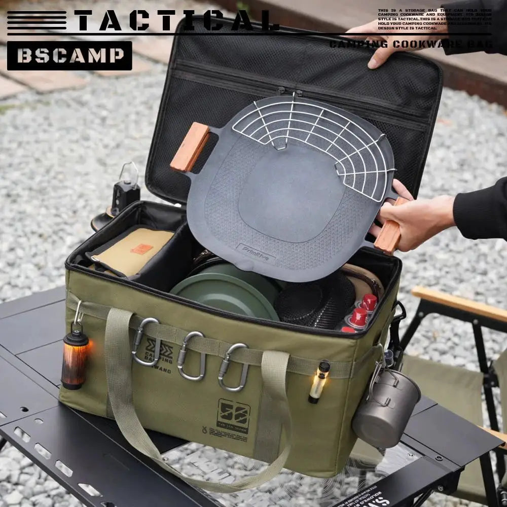 Simples Market insulated waterproof tactical camping bag in olive green with large capacity for outdoor cookware.