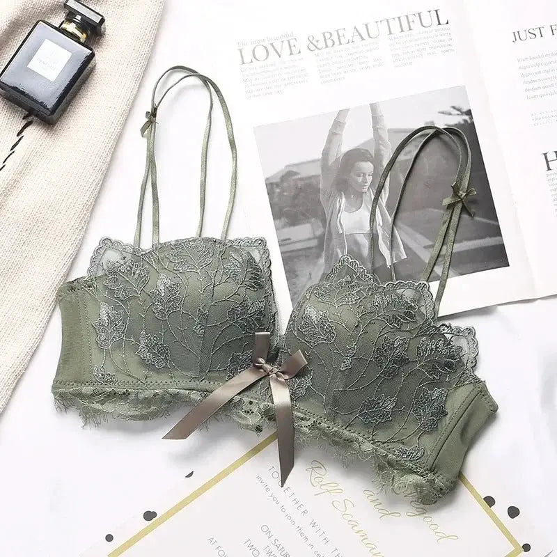 Lace floral embroidery bralette, green, wireless 3/4 cup with adjustable straps and bow