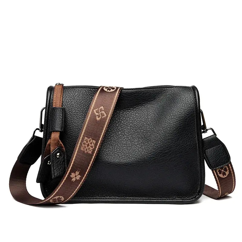 Women's genuine leather tote bag by Simples Market, black cowhide with brown logo-strap crossbody