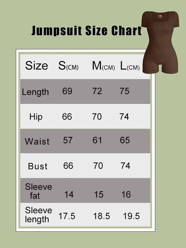 Women's brown short-sleeve jumpsuit size chart showing Length, Hip, Waist, Bust and Sleeve measurements (S/M/L).