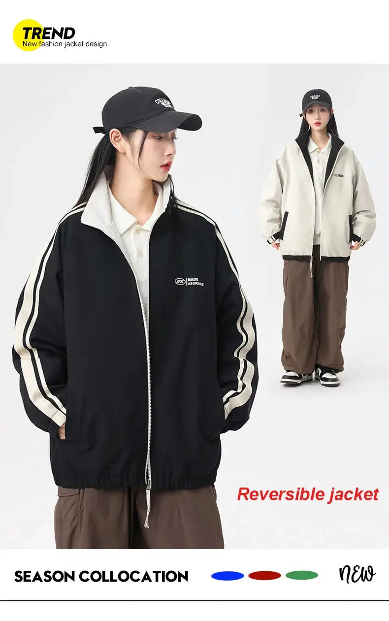 Reversible outdoor jacket for men and women, black with white striped sleeves; beige variant shown
