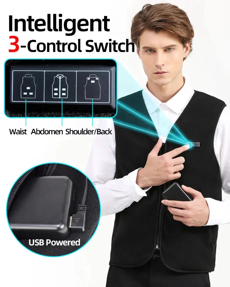 Black fleece heated vest with USB power and intelligent 3-control switch for waist, abdomen, and shoulder/back.