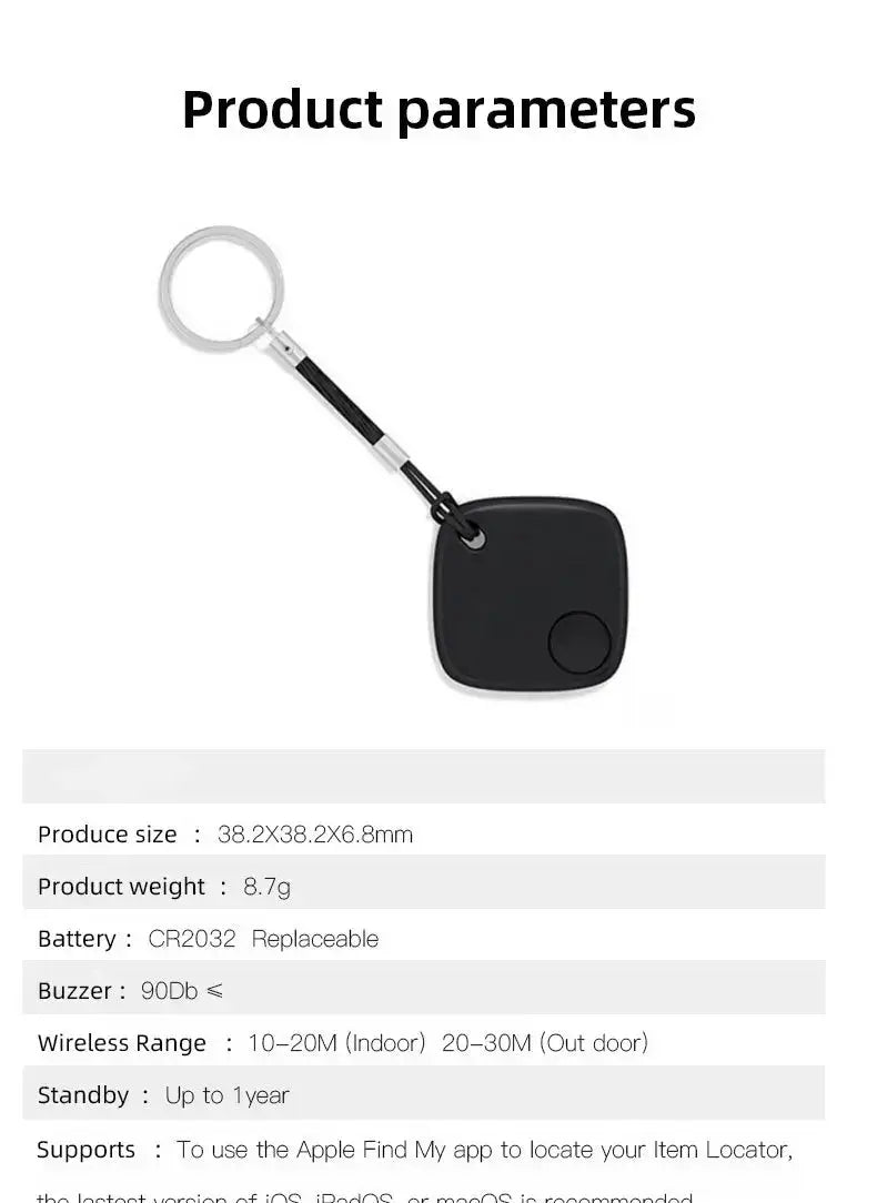 Simples Market Bluetooth mini Find My tracker, black square tag with key ring attachment.