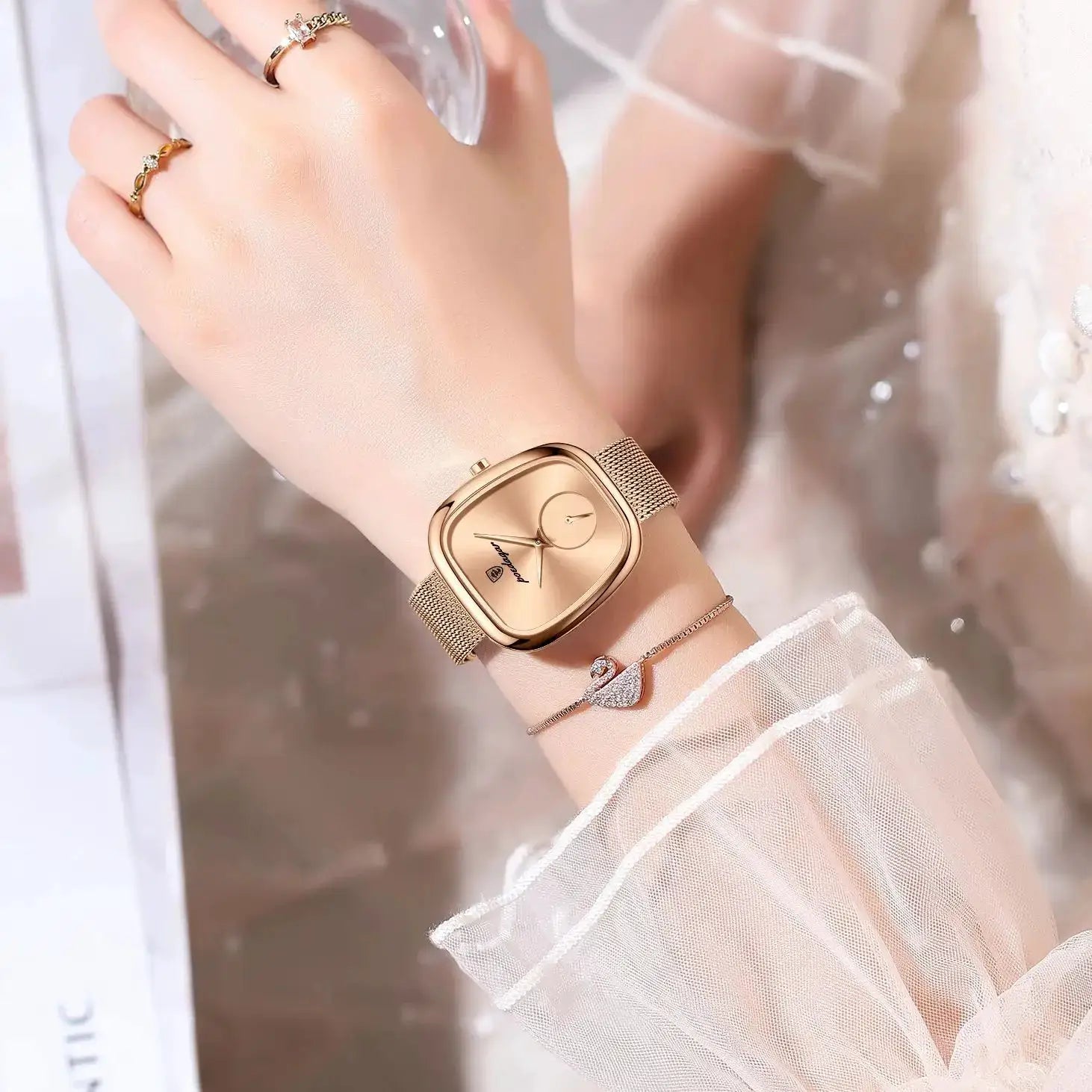 POEDAGAR rose-gold women's wristwatch with stainless steel mesh band and square dial