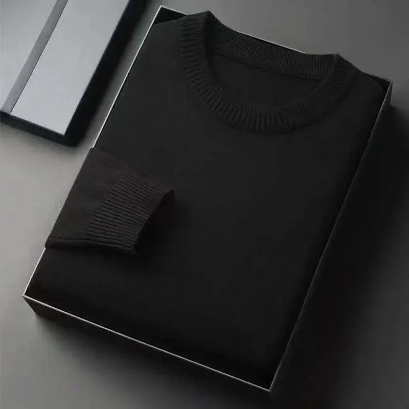 Men's black crewneck knit pullover sweater, long sleeves, lightweight solid color, packaged in a box