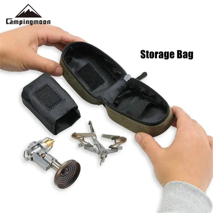 CampingMoon XD-2F outdoor portable gas stove with windproof design and storage bag.