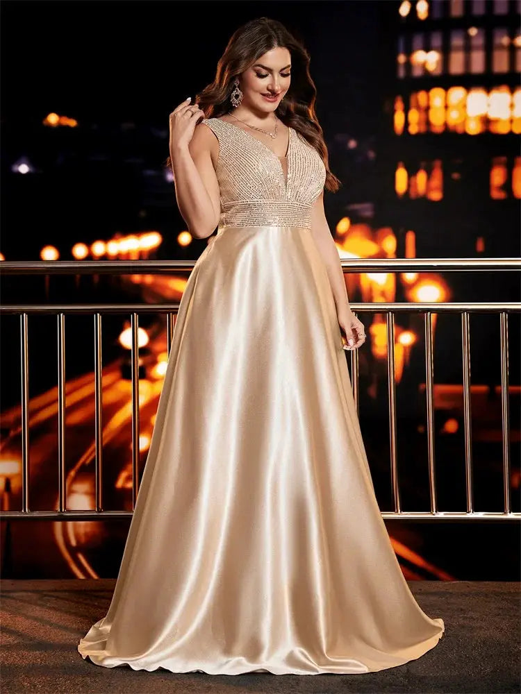 Plus Size Elegant Sequins Evening Dress Deep V Neck Satin Gown