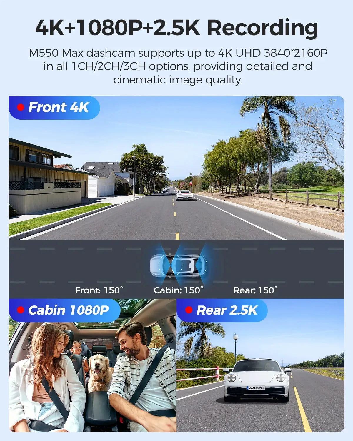 AZDOME M550 Max dash cam collage showing front 4K, cabin 1080P, rear 2.5K recording.