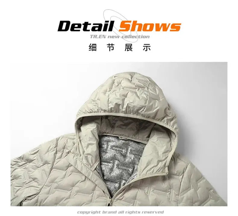 Men's winter white graphene self-heating hooded puffer jacket, quilted windproof