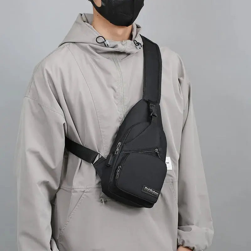 Simples Market men's black canvas chest bag with multiple zip pockets worn as a crossbody.