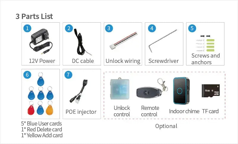 Tuya Smart 1080P doorbell camera kit; 7-piece set with power adapter, DC cable, unlock wiring, POE injector, screws, remote, TF card