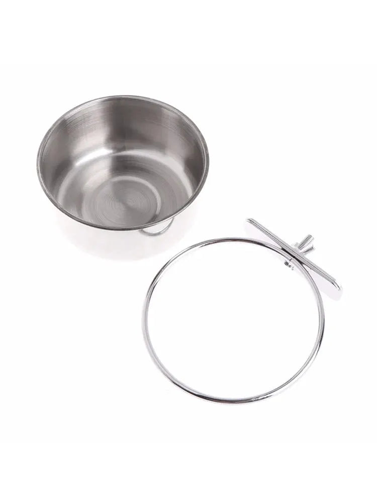 Parrot feeding cup in stainless steel with cage clamp ring