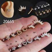 Heart Flower Crown cartilage earrings set, 7-piece stainless steel cubic zirconia studs with labret backs