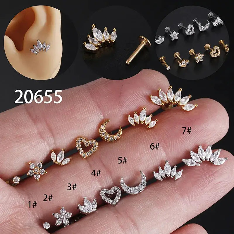 Heart Flower Crown cartilage earrings set, 7-piece stainless steel cubic zirconia studs with labret backs